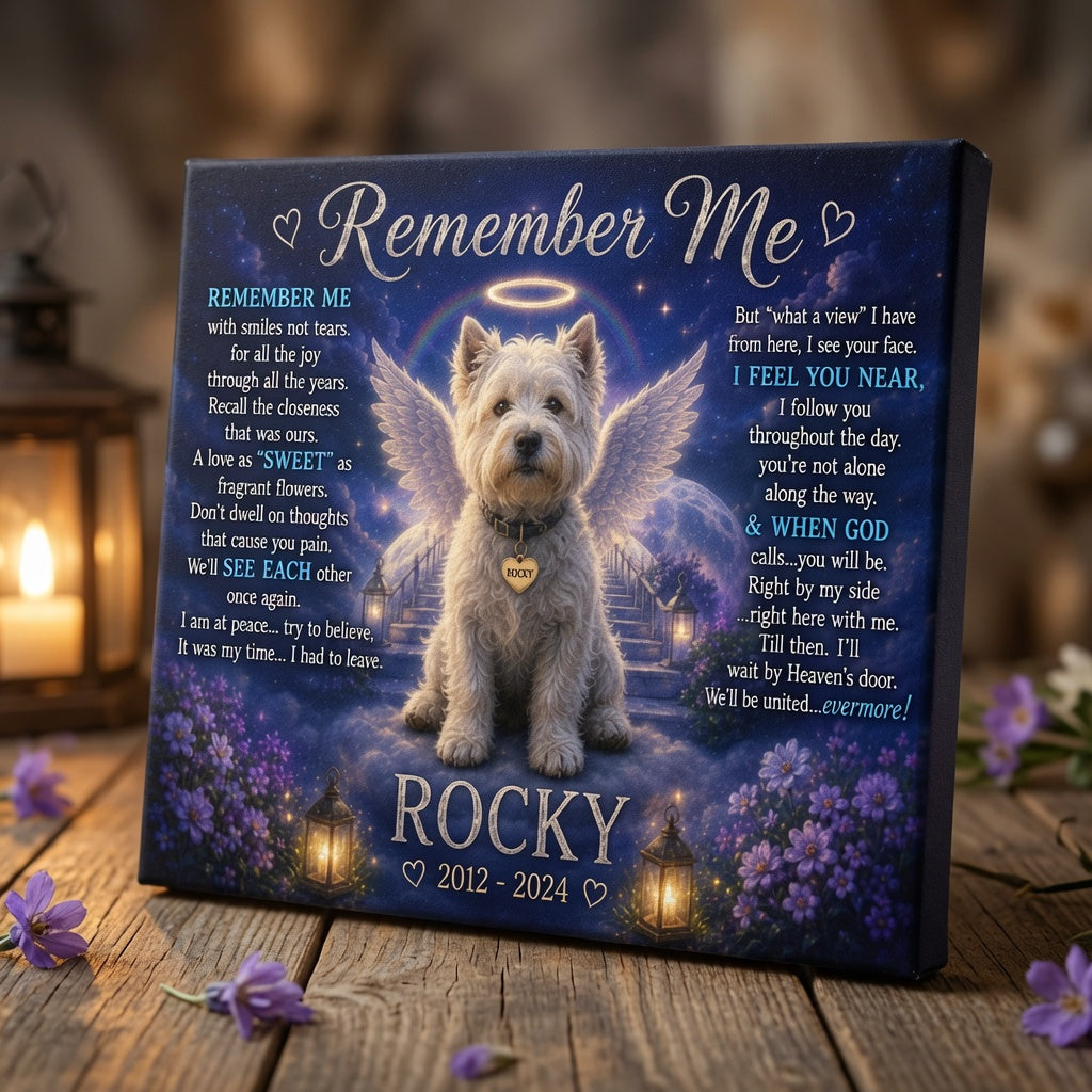 Personalized Remember Me Rocky dog memorial canvas on wooden table