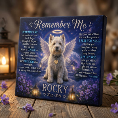 Personalized Remember Me Rocky dog memorial canvas on wooden table