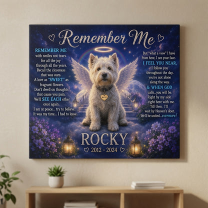 Personalized Remember Me Rocky dog memorial canvas displayed on wall