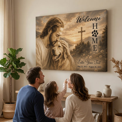 Family viewing personalized dog memorial canvas with Welcome Home cross design in living room