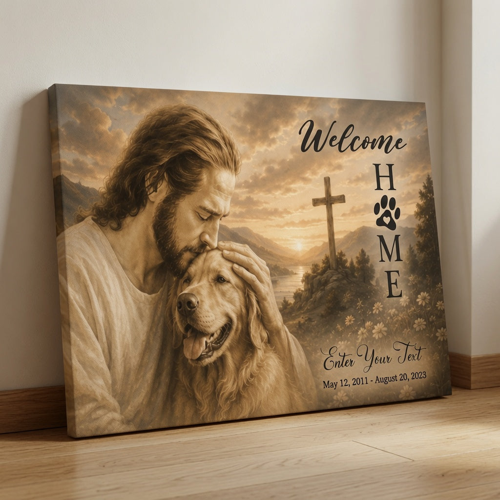 Personalized dog memorial canvas with Welcome Home cross memorial artwork leaning against wall