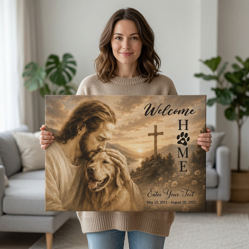 Woman holding personalized dog memorial canvas with Welcome Home cross design and custom pet remembrance