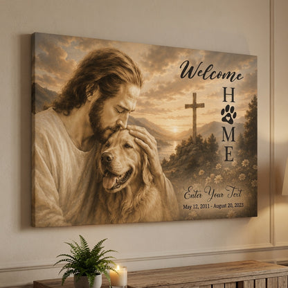 Personalized dog memorial canvas with Welcome Home cross design, custom pet portrait, and memorial dates displayed on wall