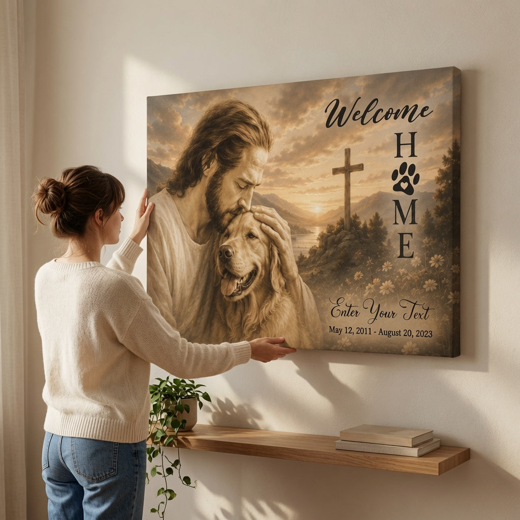 Woman hanging personalized pet memorial canvas with Welcome Home cross artwork