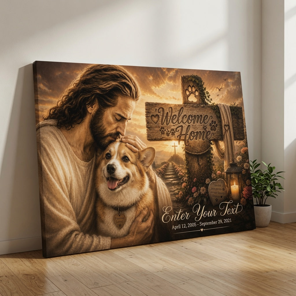 Personalized dog memorial canvas with Welcome Home sign, custom dog portrait, and memorial dates leaning against wall