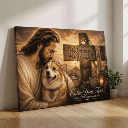 Personalized dog memorial canvas with Welcome Home sign, custom dog portrait, and memorial dates leaning against wall