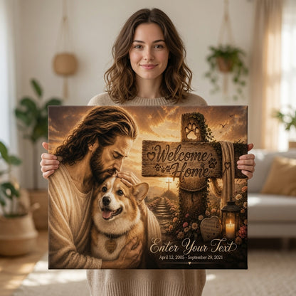 Woman holding personalized dog memorial canvas with custom corgi portrait and Welcome Home memorial design