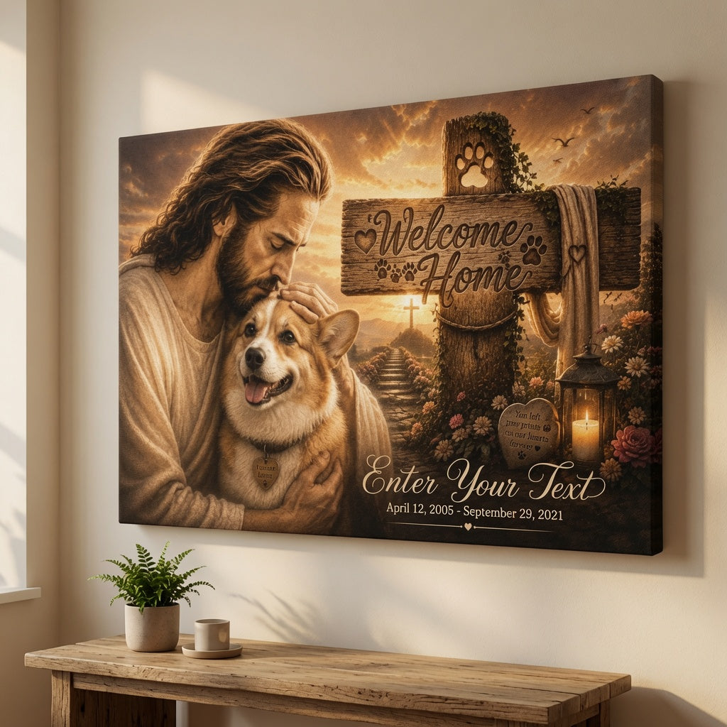Personalized dog memorial canvas featuring Welcome Home sign, pet portrait, and custom memorial text displayed on wall