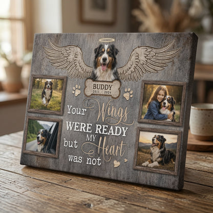 Personalized Your Wings Were Ready dog memorial canvas on rustic table