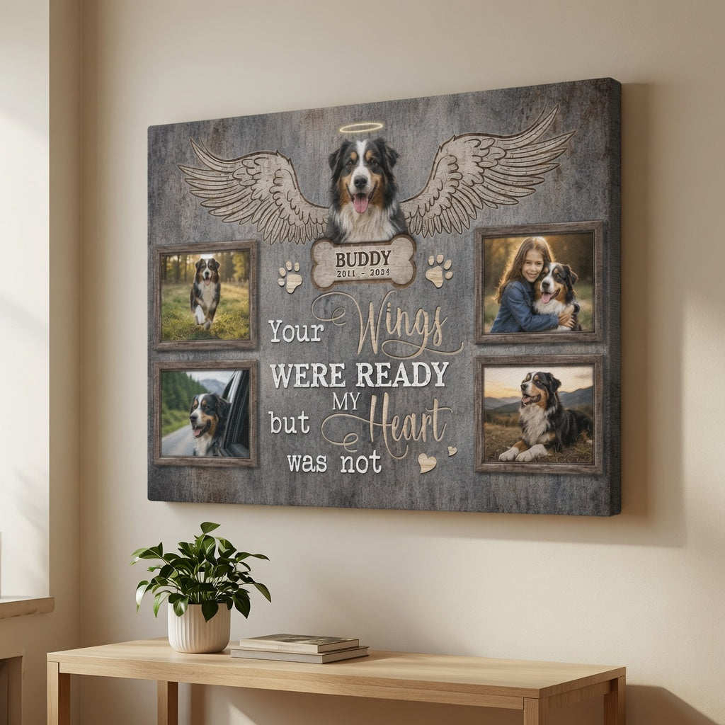 Personalized Your Wings Were Ready dog memorial canvas displayed on wall