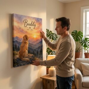 Personalized Dog Memorial Gift canvas featuring a dog watching a peaceful mountain sunset by PersonalizedFury.