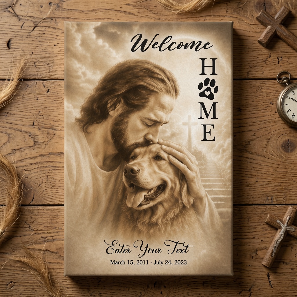 Canvas photo featuring Jesus hugging a personalized dog with memorial name and cross.