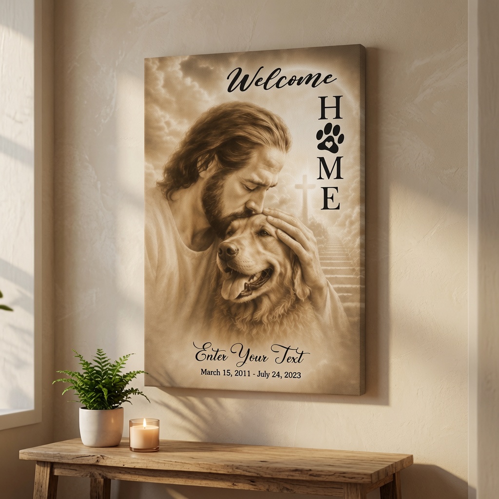 Canvas photo showing Jesus embracing a beloved dog with personalized memorial information.