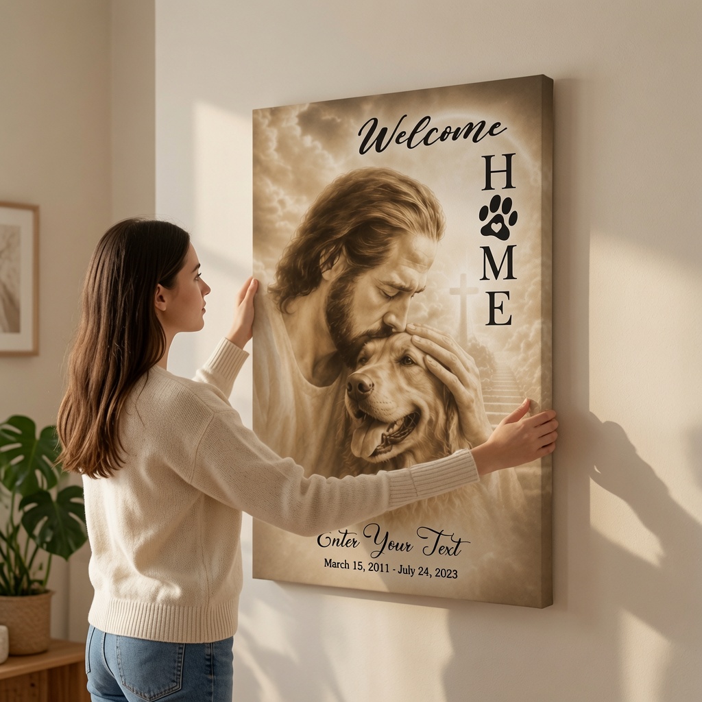 Personalized canvas photo with Jesus, memorial cross, custom pet name, and floral background.