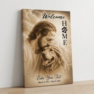 Custom dog memorial gifts featuring Jesus hugging a golden retriever with personalized name, memorial dates, cross, and heavenly background.