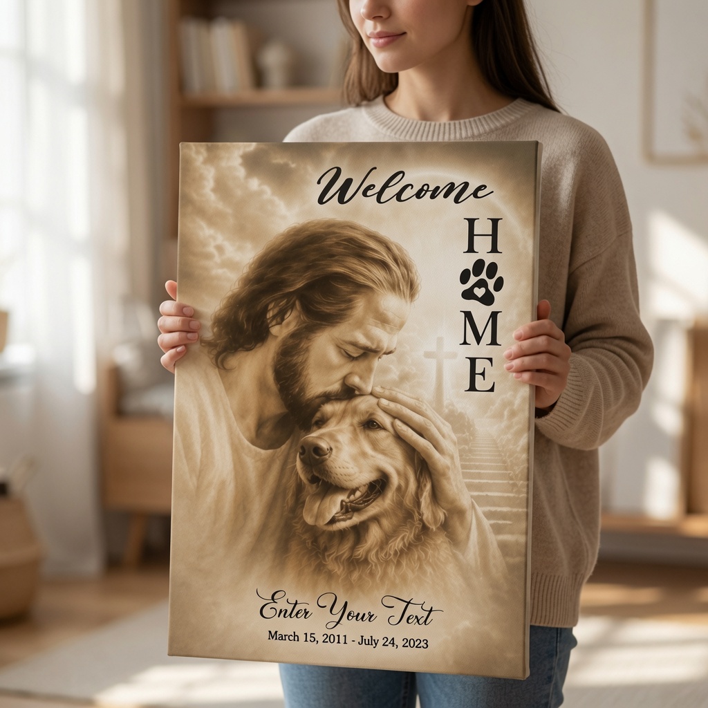 Personalized custom dog memorial gifts with Jesus hugging a dog, memorial cross, custom pet name, and peaceful cloud background.