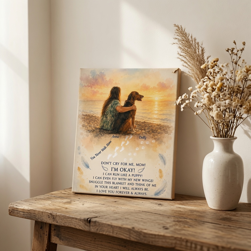 Dog Memorial Gift photo canvas featuring the Don't Cry For Me poem and personalized names by PersonalizedFury.