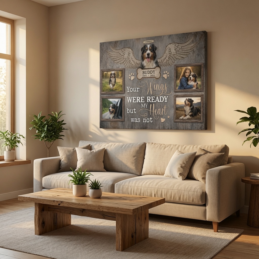 Heartfelt dog memorial gift from PersonalizedFury featuring angel wings, four custom dog photos, pet name, memorial years, and rustic canvas wall art.