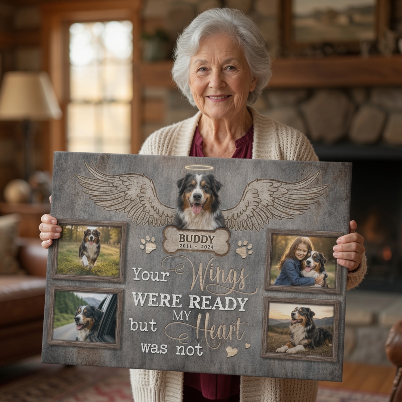 Rustic dog loss canvas wall art by PersonalizedFury with angel wings, personalized pet name, memorial dates, and four cherished dog photos.
