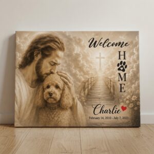 Dog Loss Gift canvas featuring Jesus hugging a beloved dog with a heavenly bridge and glowing cross by PersonalizedFury.
