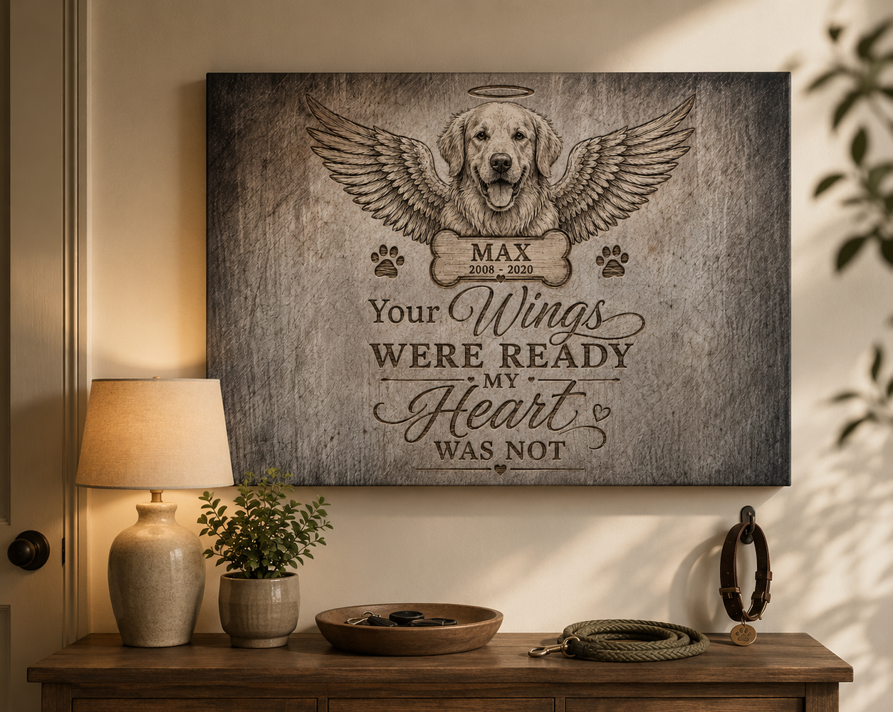 Memorial Pillows above a console table