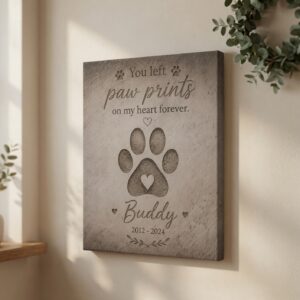 PersonalizedFury dog memorial canvas featuring a custom pet name, memorial years, engraved paw print, and heartfelt remembrance quote on premium canvas.