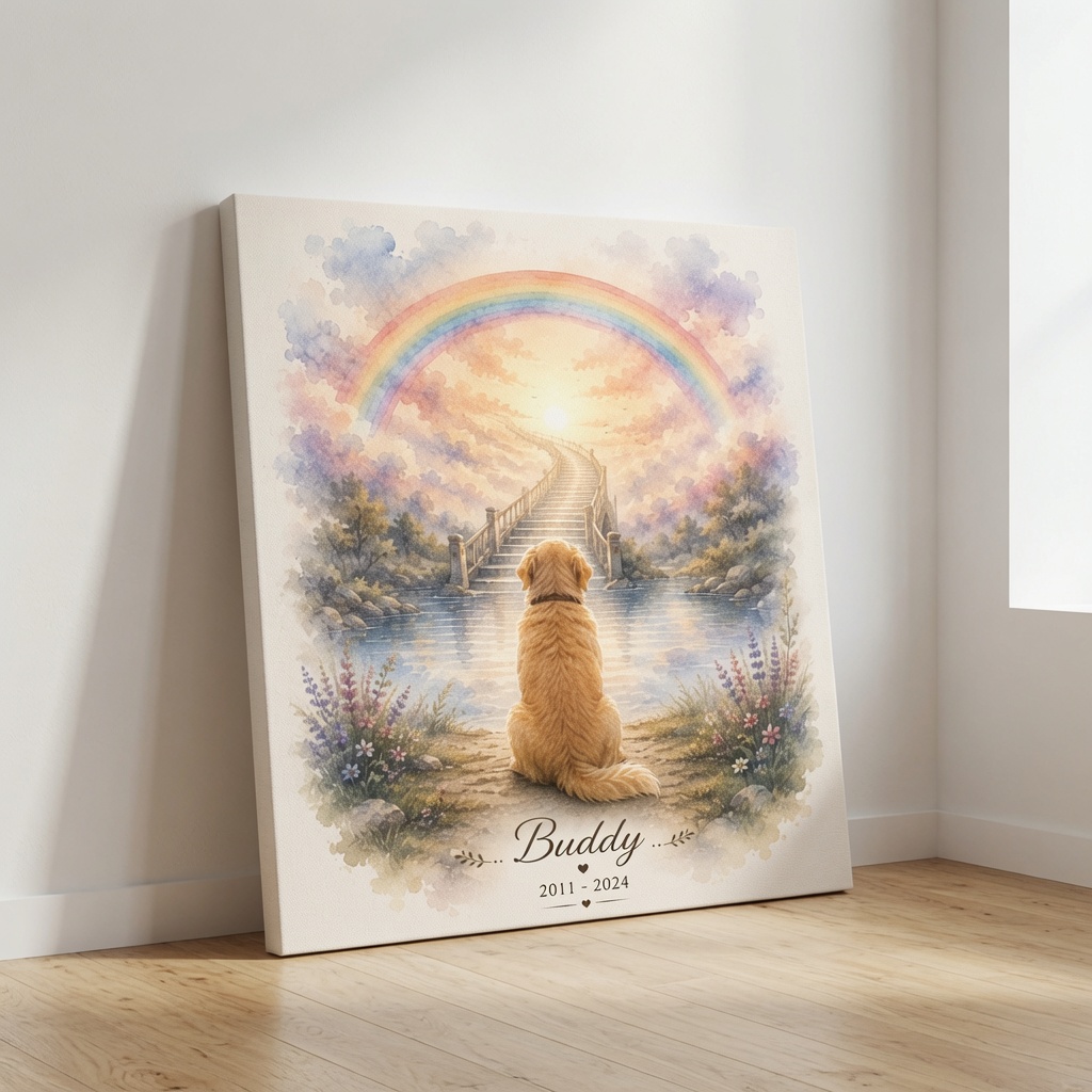Dog Memorial Canvas watercolor rainbow artwork with personalized dog by PersonalizedFury.