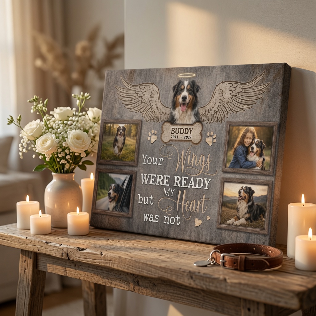 Beautiful dog memorial gift by PersonalizedFury with personalized dog photo collage, angel wings, halo, custom name plaque, and remembrance years.
