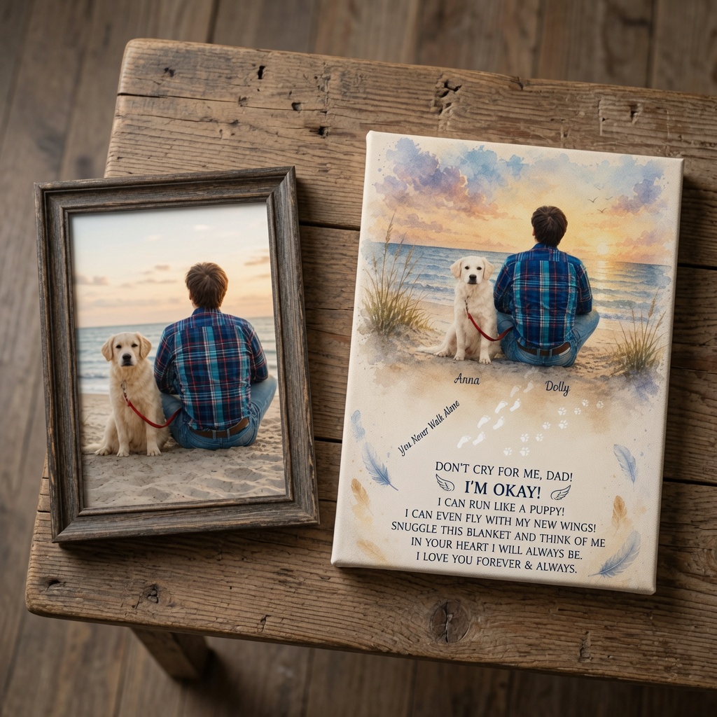 Dog Memorial Gift Photo with a peaceful sunset beach scene by PersonalizedFury.