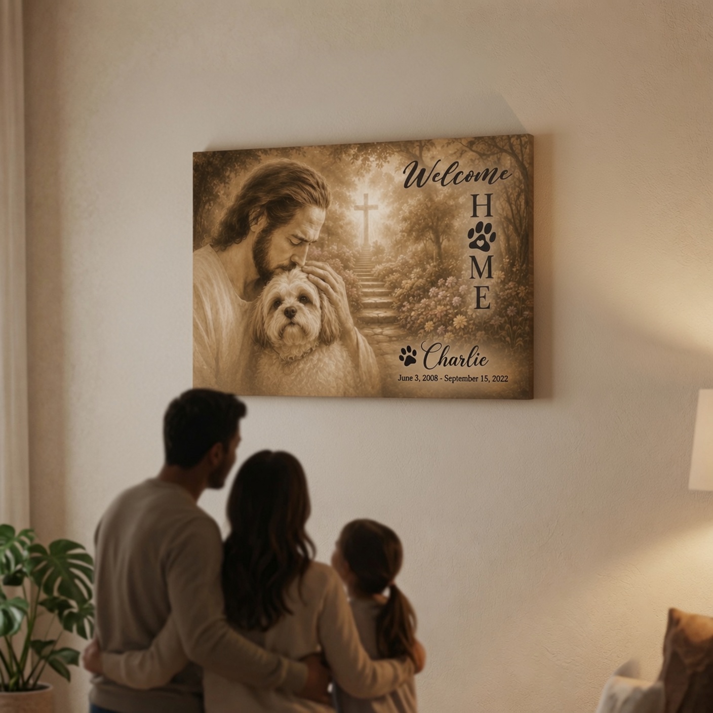 Faith-inspired canvas photo showing Jesus comforting a personalized dog beside a memorial cross.