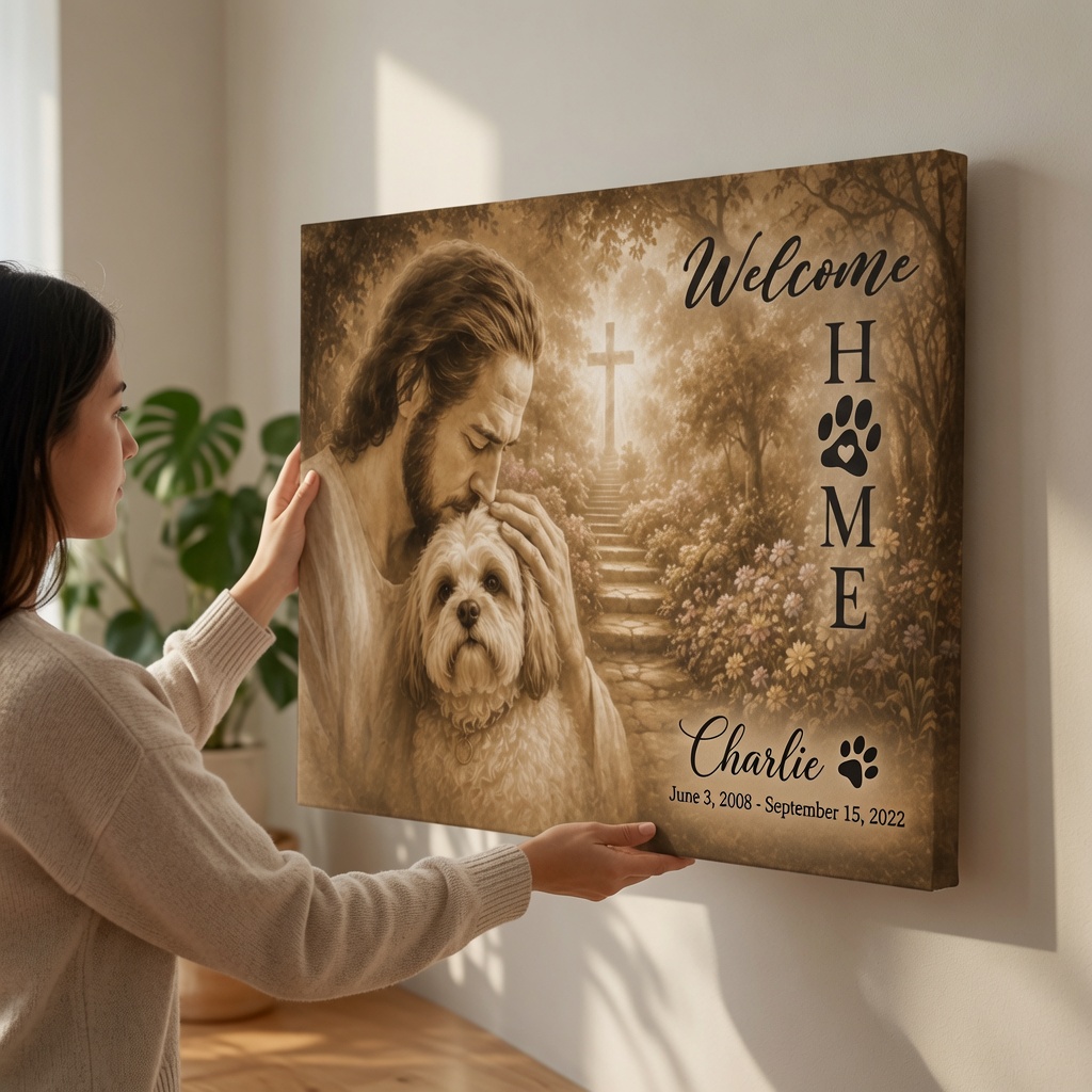 Canvas photo of Jesus hugging a personalized dog with memorial name, cross, and floral pathway.