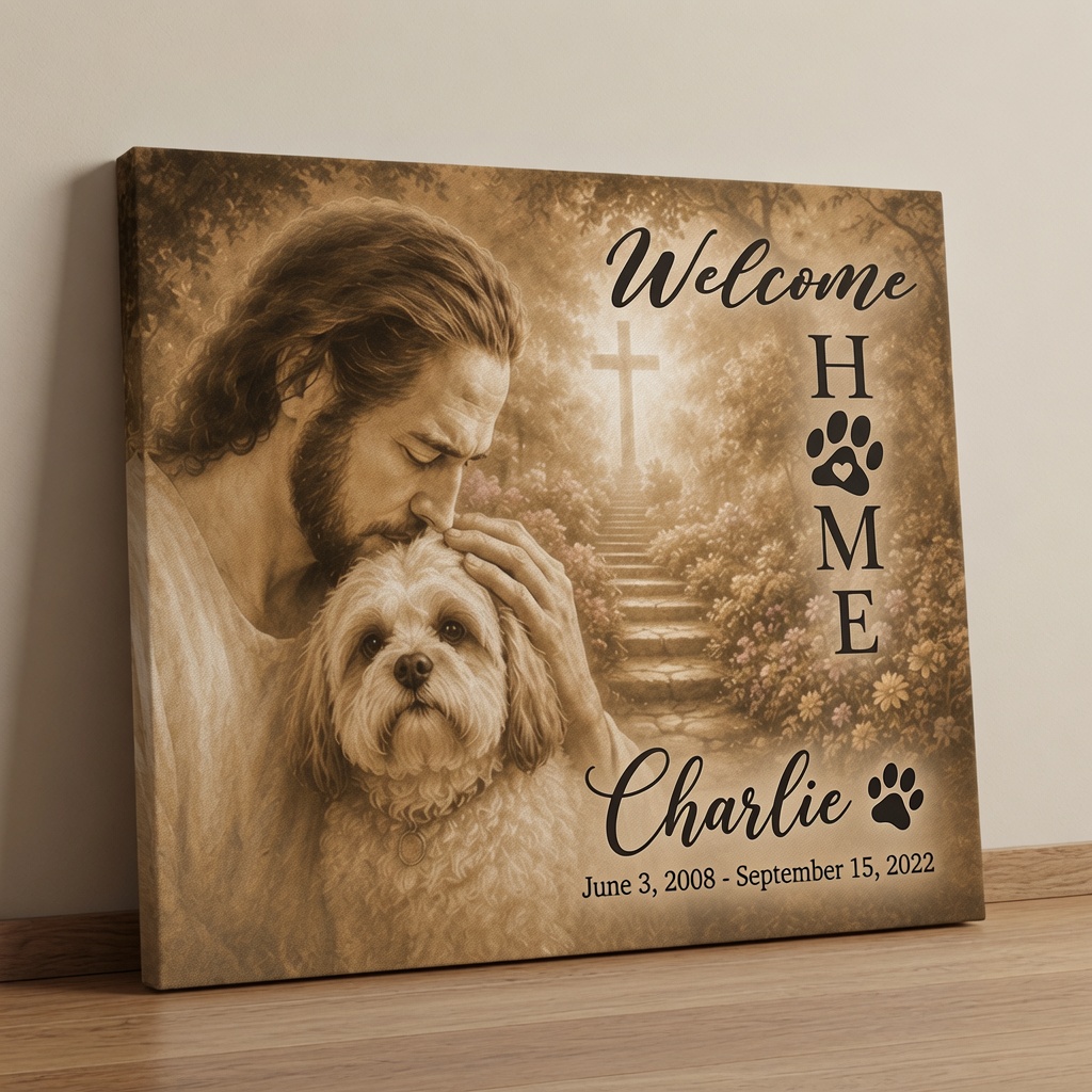 Personalized canvas photo featuring Jesus, a beloved dog, memorial dates, and a peaceful garden cross.