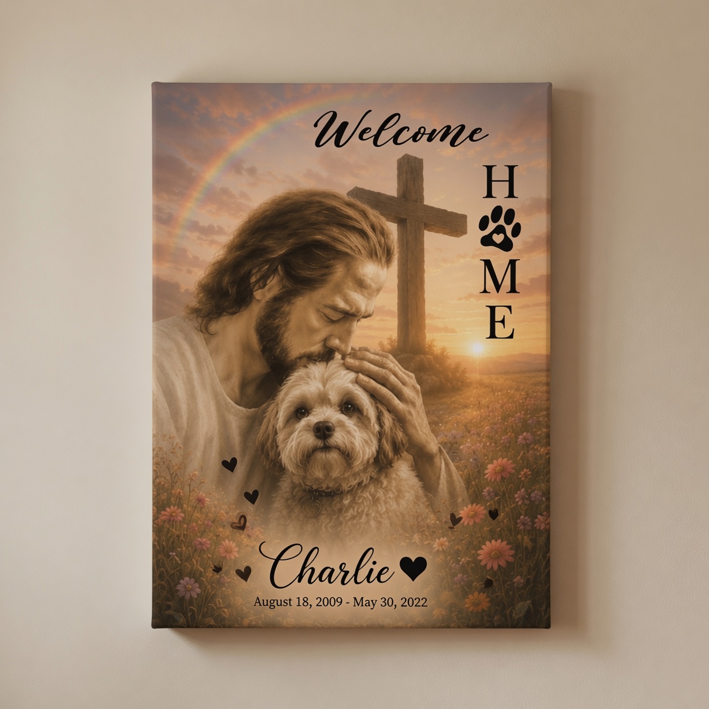 Personalized Jesus Hug Dog canvas with rainbow and custom pet memorial by PersonalizedFury.