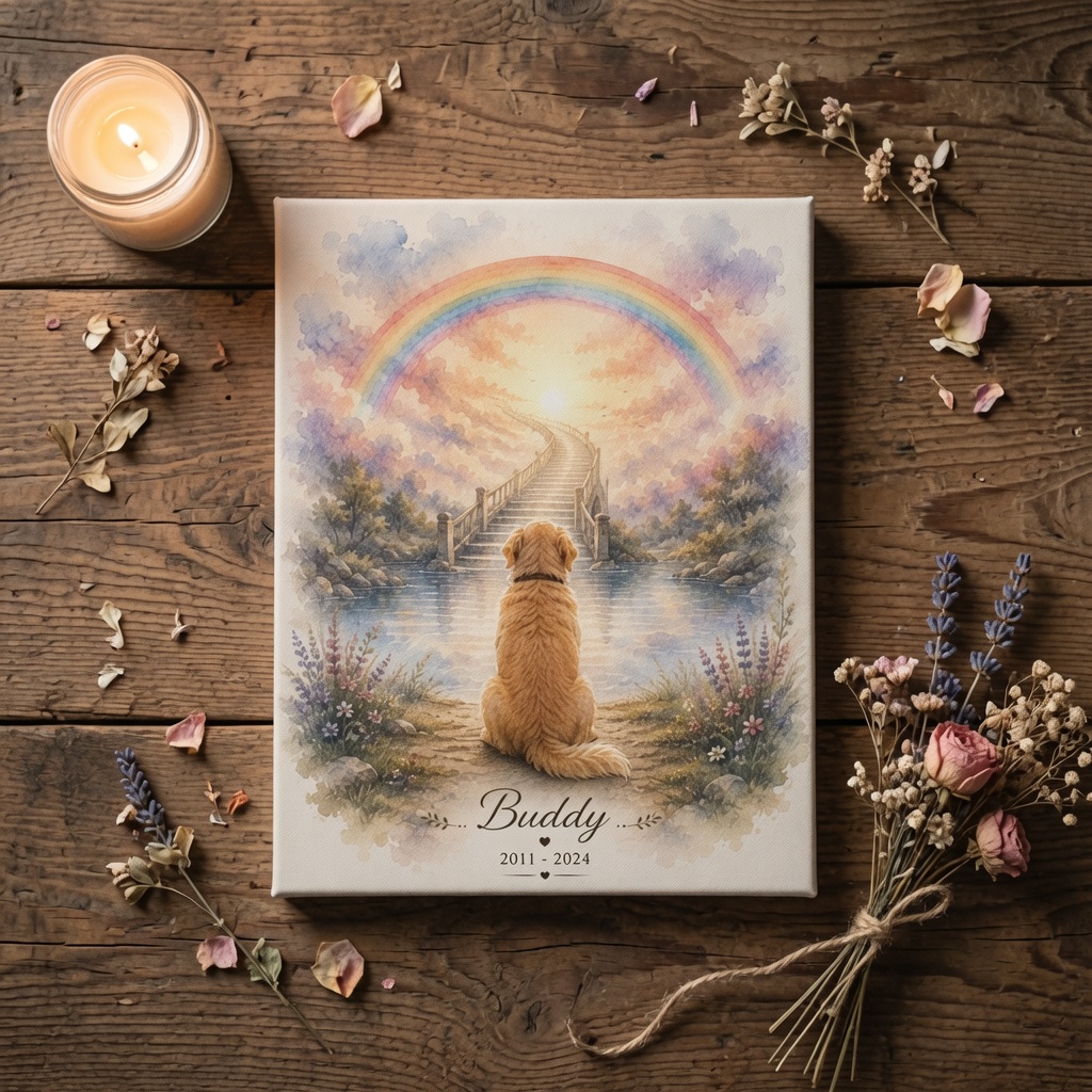 Custom Dog Memorial Canvas Photo with rainbow and personalized dog by PersonalizedFury.