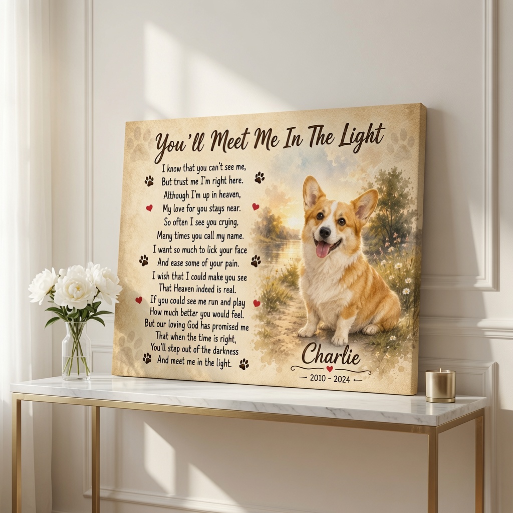 Dog Memorial Gift featuring the You'll Meet Me In The Light poem and custom pet photo by PersonalizedFury.