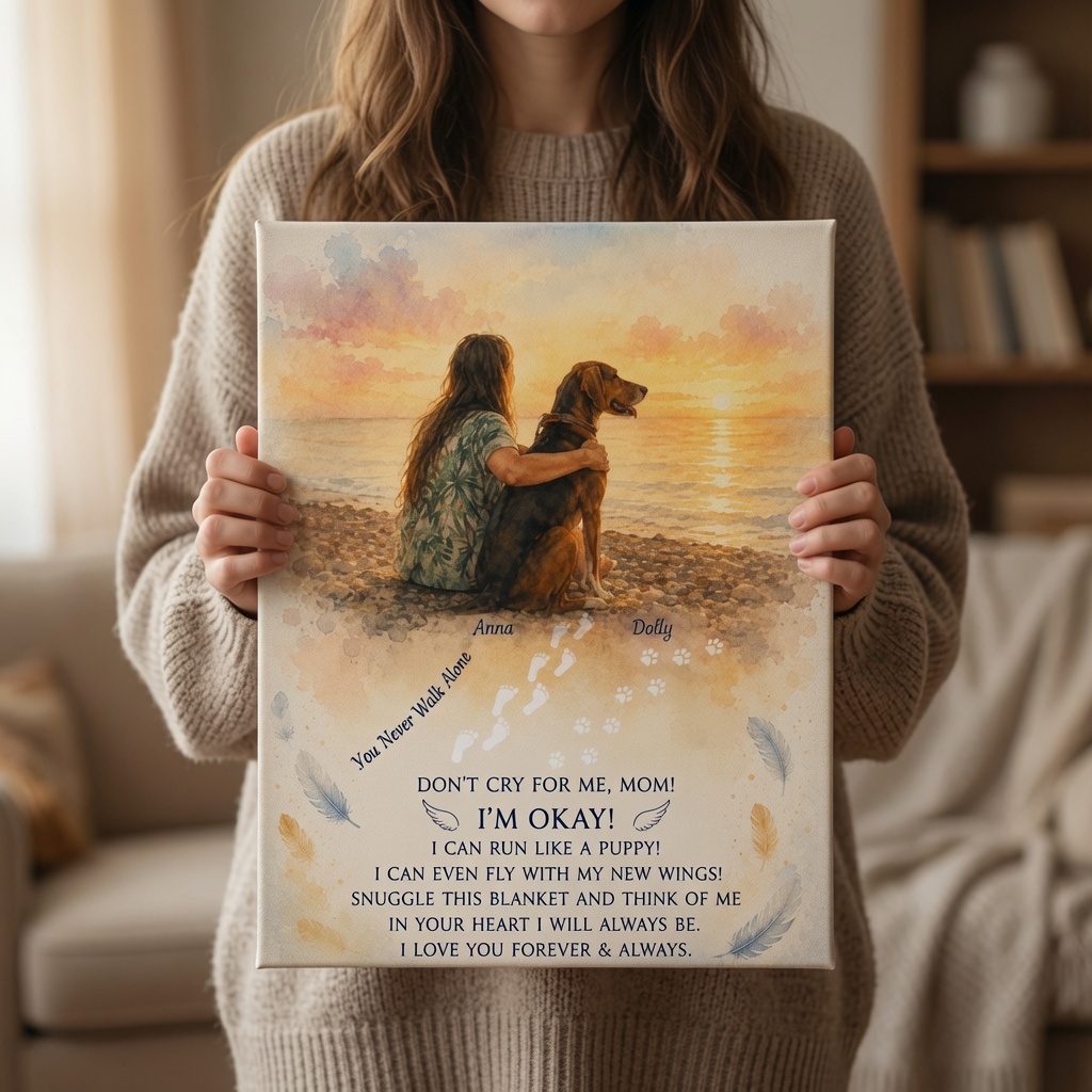 Dog Memorial Gift Photo with a watercolor beach sunset and personalized pet portrait by PersonalizedFury.