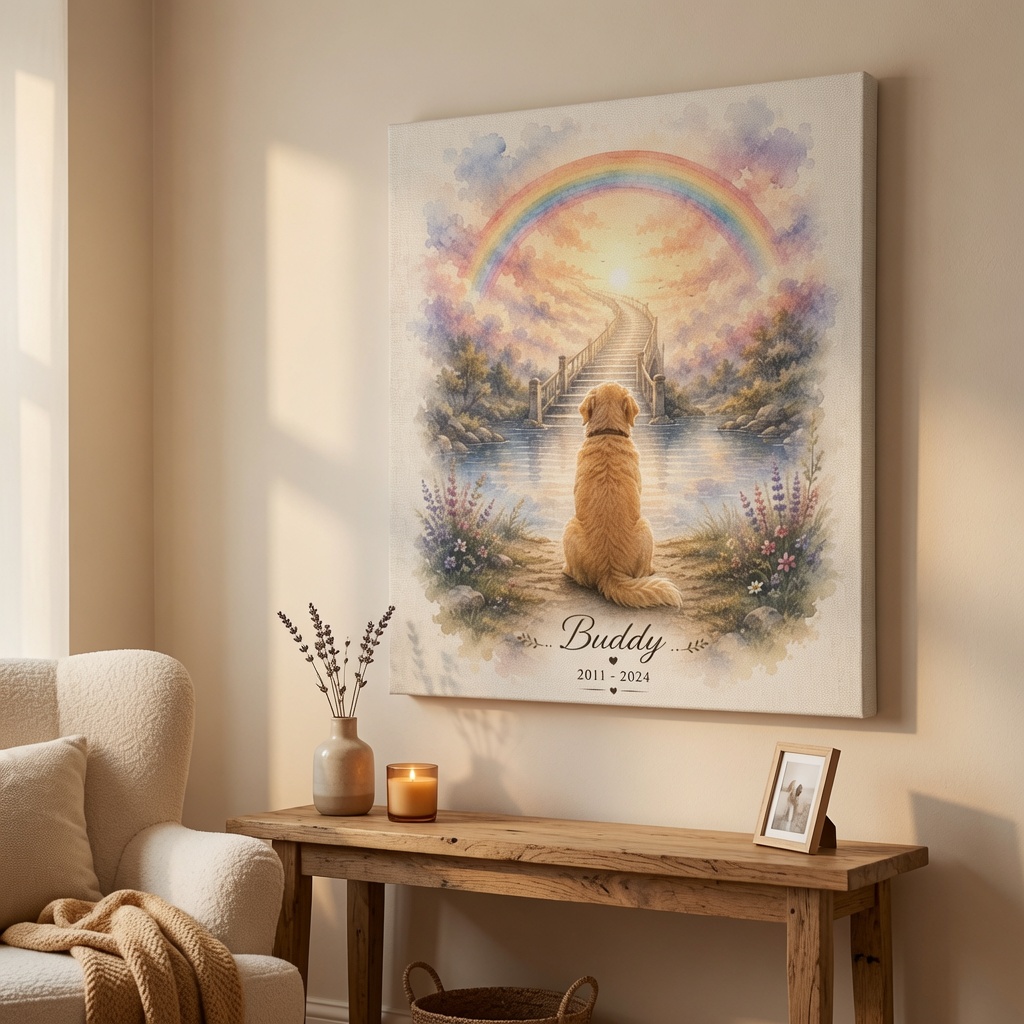Dog Memorial Canvas Photo with Rainbow Bridge landscape by PersonalizedFury.