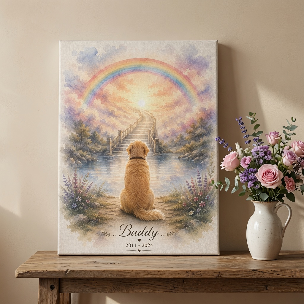Personalized Dog Memorial Canvas Photo featuring a dog looking toward the Rainbow Bridge by PersonalizedFury.